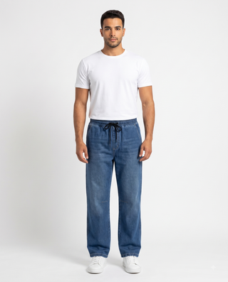 Elastic  Waist  Wide Leg Blue Casual Jeans
