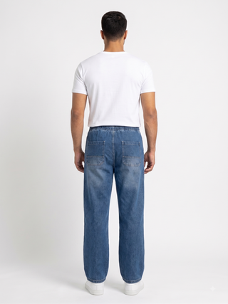Elastic  Waist  Wide Leg Blue Casual Jeans