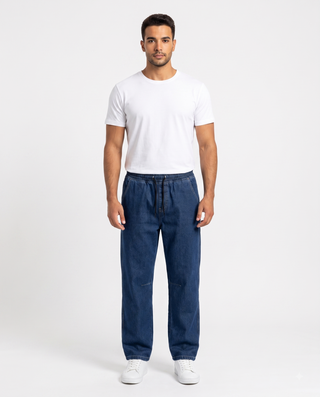 Elastic  Waist  Wide Leg Dark Blue Casual Jeans