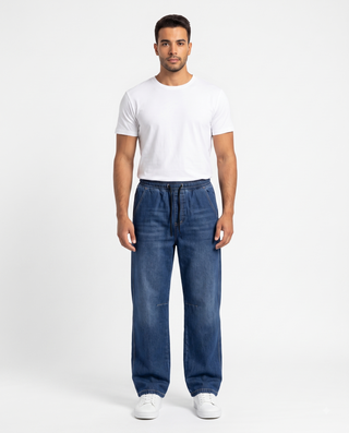 Elastic  Waist  Wide Leg  Med Blue Casual Jeans