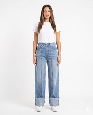 Turn Up Wide Leg Light Blue Casual Jeans