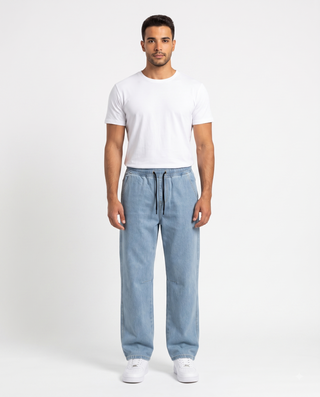 Elastic  Waist  Wide Leg  Ice Blue Casual Jeans
