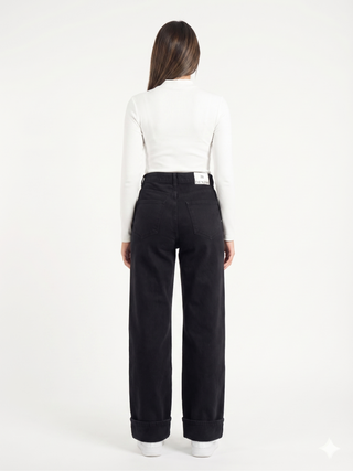 Turn Up Wide leg Black Casual Jeans