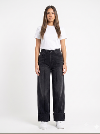 Turn Up Wide Leg  Dark Grey Casual Jeans
