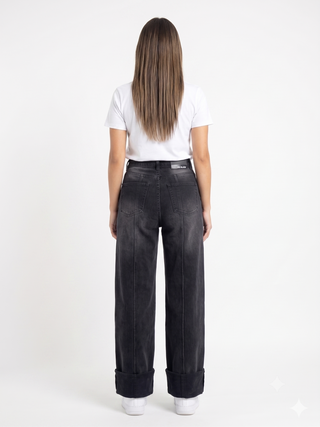 Turn Up Wide Leg  Dark Grey Casual Jeans