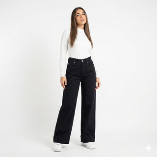 Turn Up Wide leg Black Casual Jeans