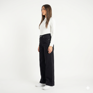 Turn Up Wide leg Black Casual Jeans