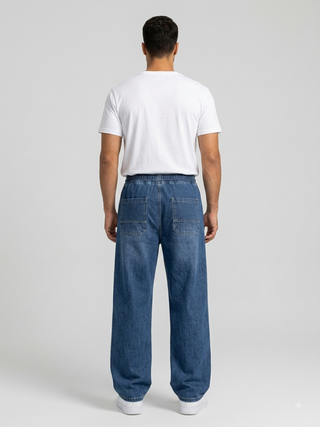 Elastic  Waist  Wide Leg  Med Blue Casual Jeans