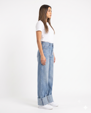 Turn Up Wide Leg Light Blue Casual Jeans