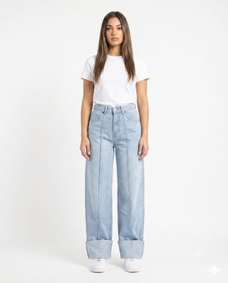 Turn Up Wide Leg  Ice Blue Casual Jeans