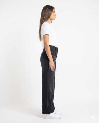 Turn Up Wide Leg  Dark Grey Casual Jeans