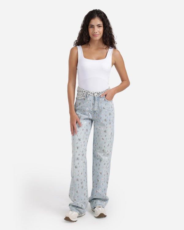 Leopard Rhine Stones Waist Band Wide Leg Ice Blue Casual Jeans