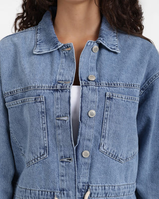 Medium Blue Front Pocket Denim Jacket With Strap