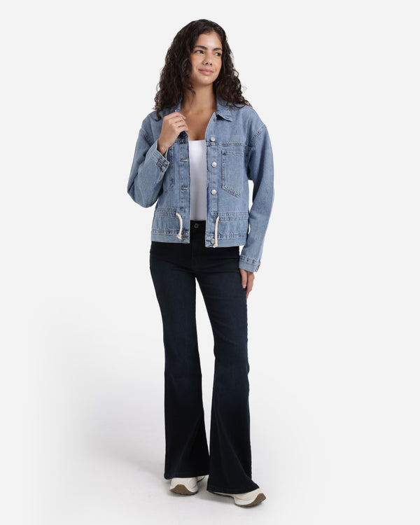 Dark Blue Front Pocket Denim Jacket With Strap