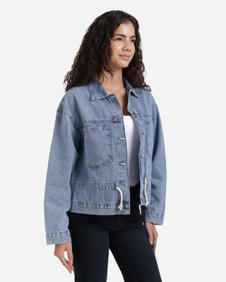 Medium Blue Front Pocket Denim Jacket With Strap