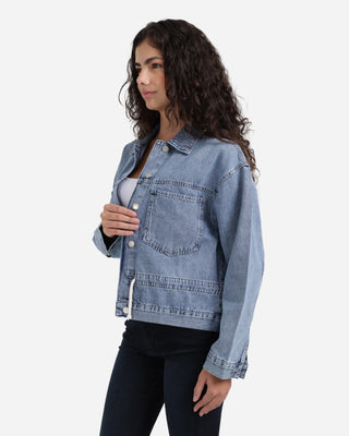 Medium Blue Front Pocket Denim Jacket With Strap