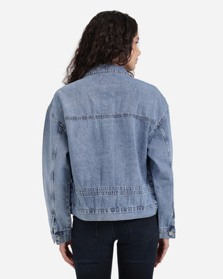 Medium Blue Front Pocket Denim Jacket With Strap