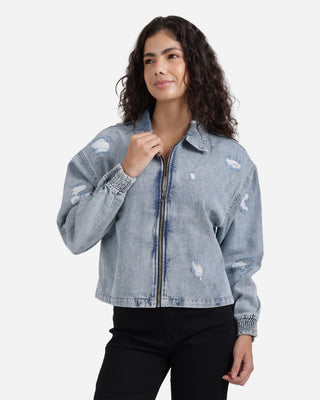Light Blue Denim Jacket With Zipper