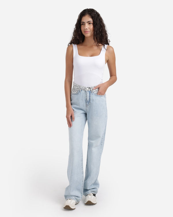 Leopard Waist Band Wide Leg Ice Blue Casual Jeans