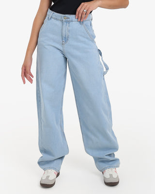 Wide Leg With Stripe Ice Blue Casual Jeans