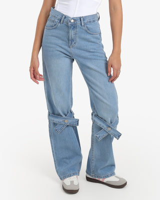 Wide Leg Strap Light Blue Casual Jeans