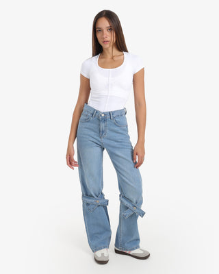 Wide Leg Strap Light Blue Casual Jeans