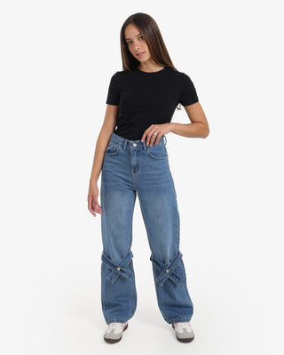 Wide Leg Strap Blue Casual Jeans
