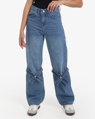 Wide Leg Strap Blue Casual Jeans