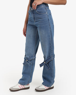 Wide Leg Strap Blue Casual Jeans