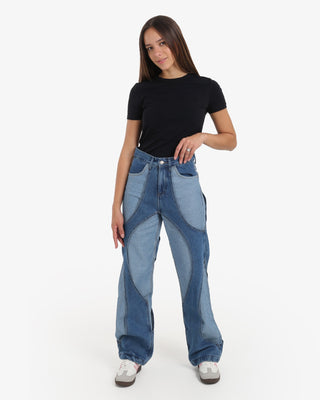 Two Denim Shades (Dark Blue X Light Blue) Patch Work Wide Leg Casual Jeans
