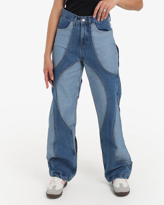 Two Denim Shades (Dark Blue X Light Blue) Patch Work Wide Leg Casual Jeans