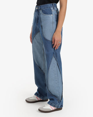 Two Denim Shades (Dark Blue X Light Blue) Patch Work Wide Leg Casual Jeans