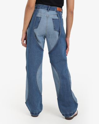Two Denim Shades (Dark Blue X Light Blue) Patch Work Wide Leg Casual Jeans