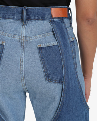 Two Denim Shades (Dark Blue X Light Blue) Patch Work Wide Leg Casual Jeans