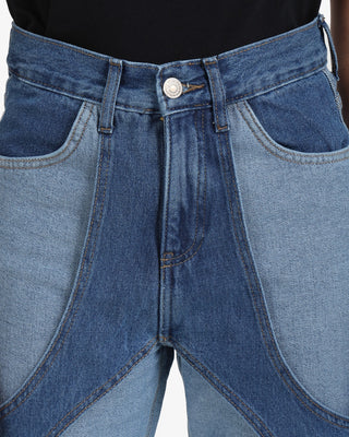 Two Denim Shades (Dark Blue X Light Blue) Patch Work Wide Leg Casual Jeans