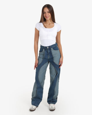 Two Denim Shades (Dark Blue X Blue) Patch Work Wide Leg Casual Jeans