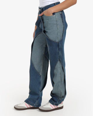 Two Denim Shades (Dark Blue X Blue) Patch Work Wide Leg Casual Jeans