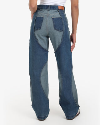 Two Denim Shades (Dark Blue X Blue) Patch Work Wide Leg Casual Jeans