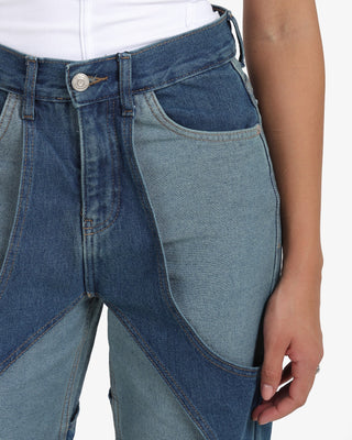 Two Denim Shades (Dark Blue X Blue) Patch Work Wide Leg Casual Jeans
