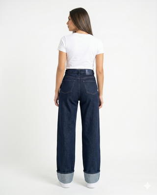 Wide Leg Dark Blue Casual Jeans