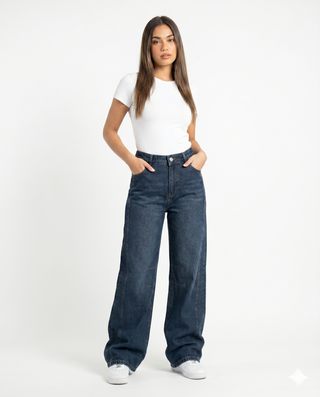 Wide Leg Dark Blue Casual Jeans