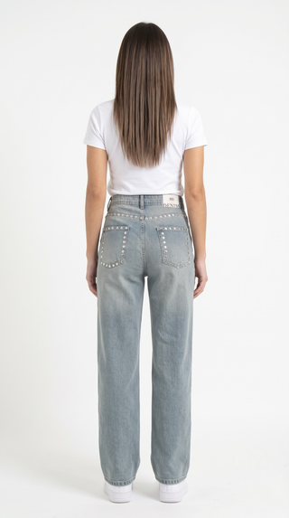 Studded Pleated Straight Fit Dirty Casual Jeans