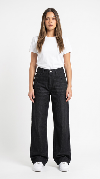 Wide Leg Black Casual Jeans With Side Zipper (For Long Girls)