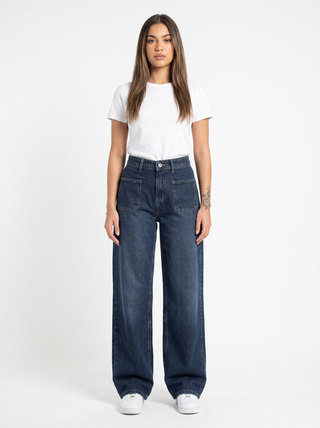 Wide Leg Blue Front Pocket Casual Jeans